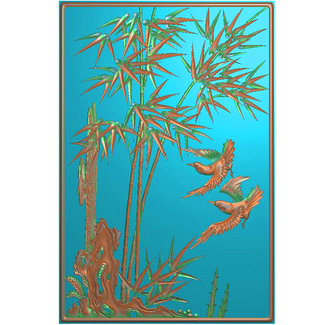 竹子鸟精雕图浮雕图雕刻图（HN-232-）展示