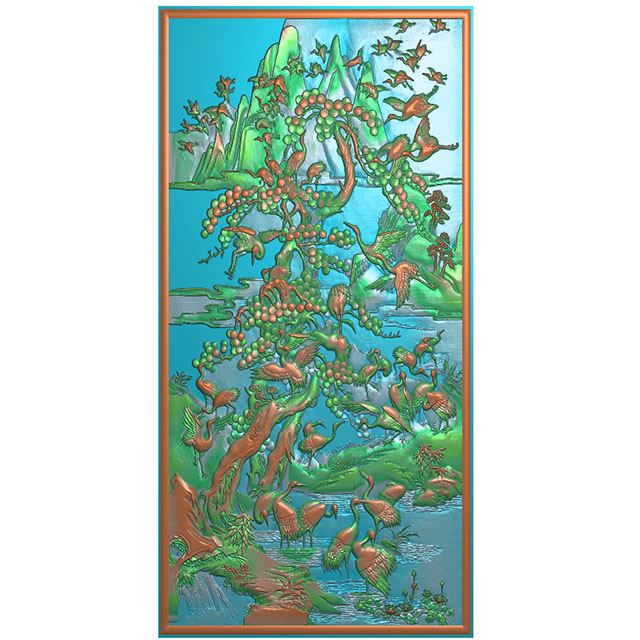 百鹤图精雕图,松鹤浮雕图,山水雕刻图（HN-468-）展示