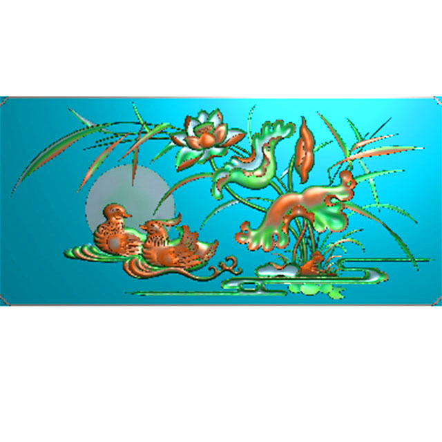 鸳鸯戏水精雕图,荷花浮雕图,鸳鸯雕刻图（HN-474-）展示