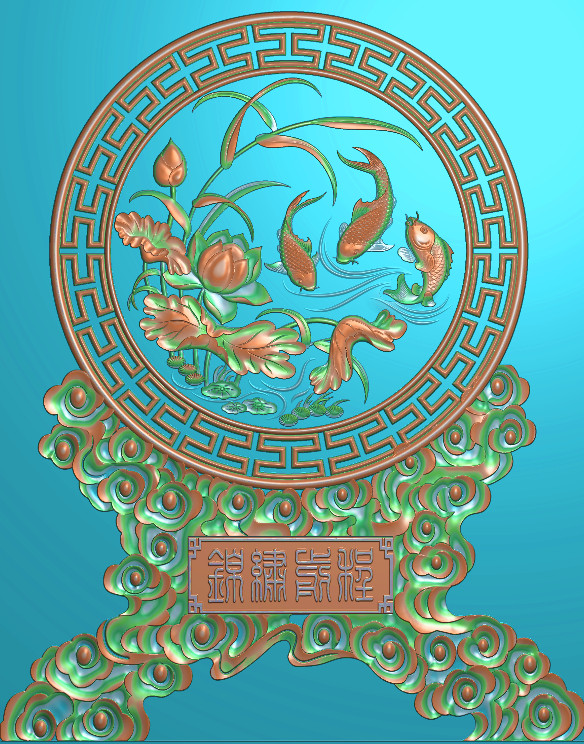 鲤鱼摆件精雕图,鲤鱼摆件浮雕图,鲤鱼祥云摆件雕刻图,鲤鱼回纹精雕图（bj-862）展示