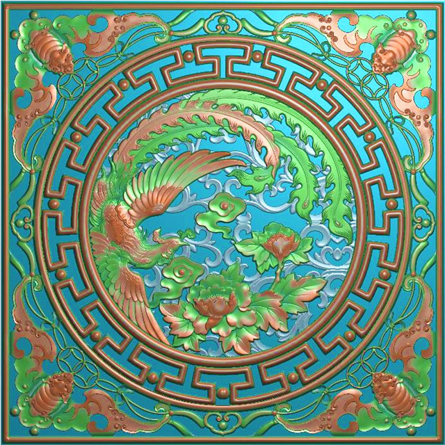 凤穿牡丹挂件挂匾精雕图,挂件挂匾浮雕图,挂件挂匾雕刻图,回纹加工图（GJ-015）展示