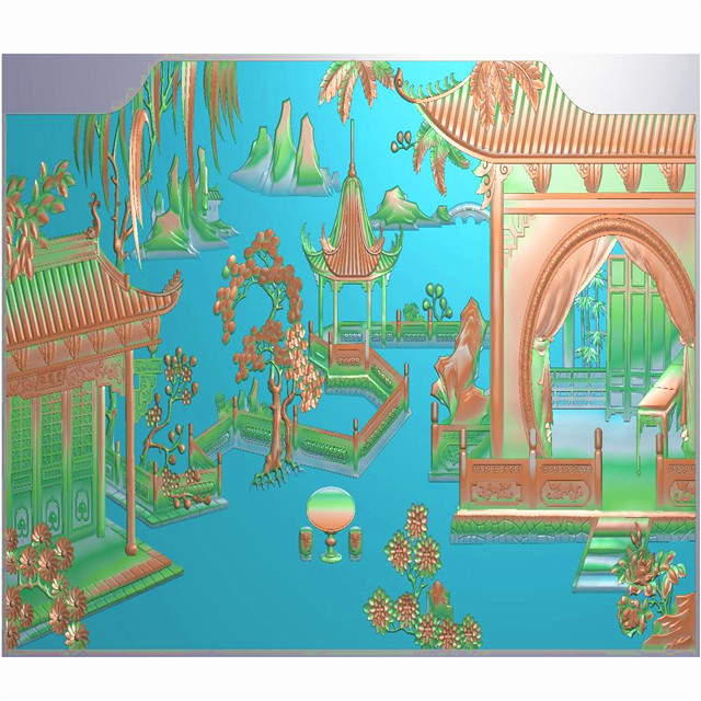 山水建筑背板精雕图,背板浮雕图,背板雕刻图（CTBB-383）展示