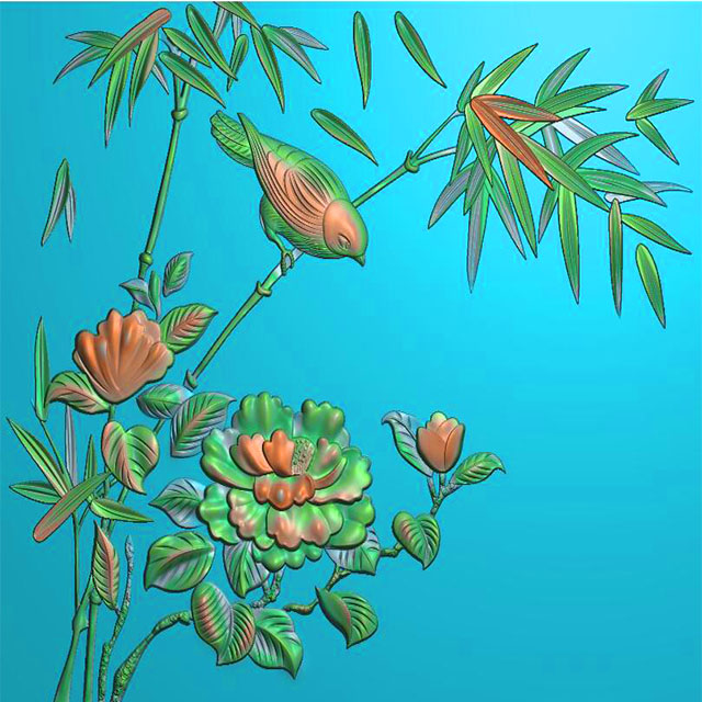 花鸟牡丹花草石头精雕图（MD-101）展示