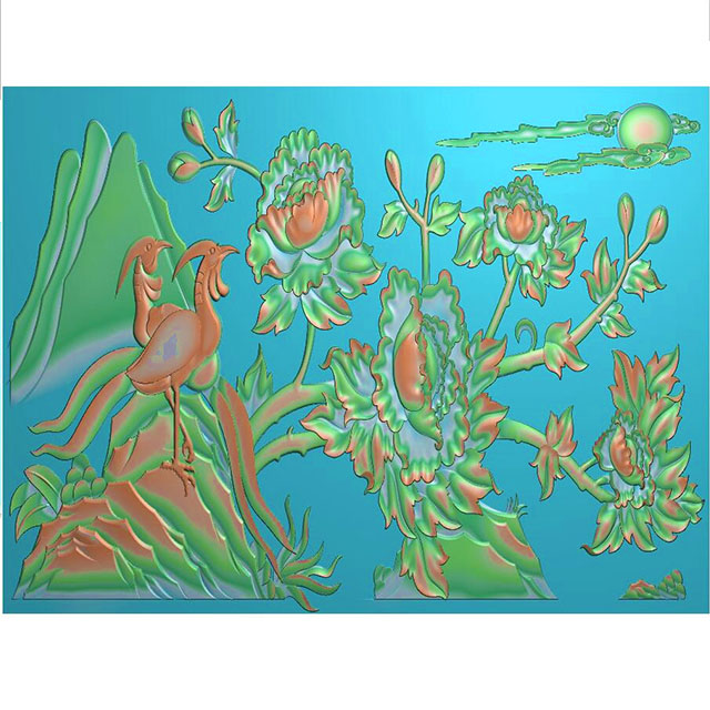 花鸟牡丹花草石头浮雕图（MD-125）展示
