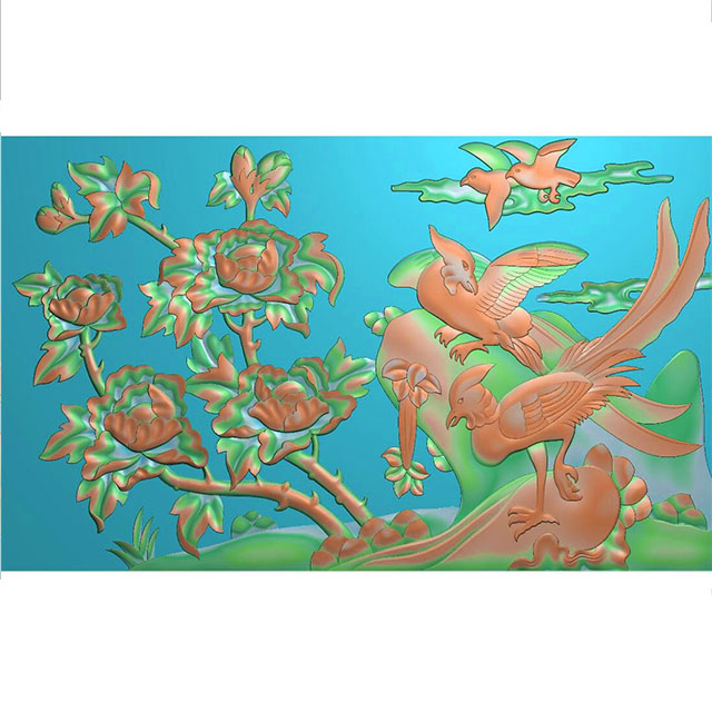 花鸟牡丹花草石头浮雕图（MD-141）展示