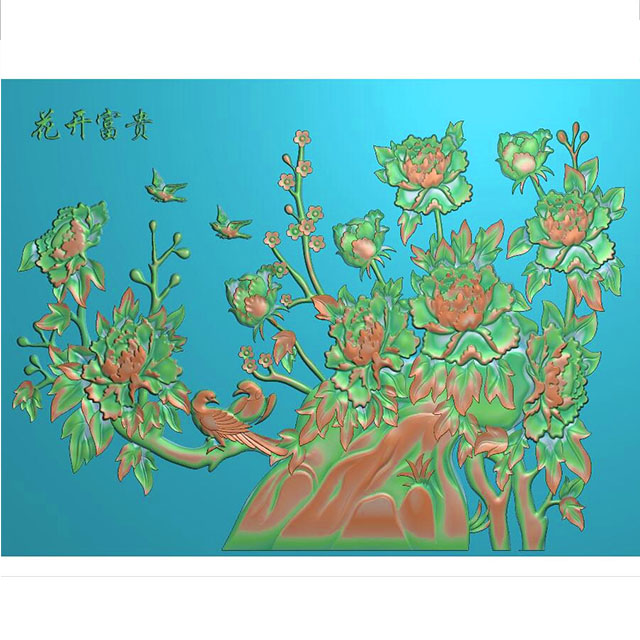 花开富贵花鸟牡丹花草石头浮雕图（MD-147）展示