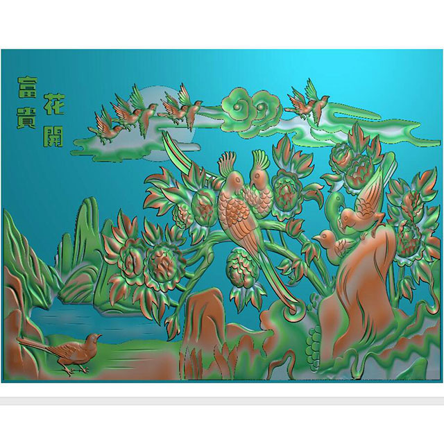 牡丹花鸟花草石头浮雕图（MD-225）展示