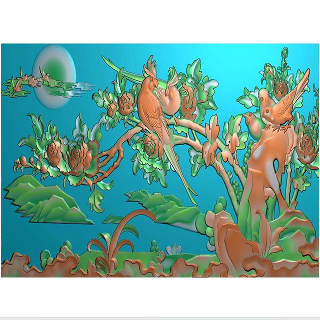 牡丹花鸟花草石头浮雕图（MD-233）展示