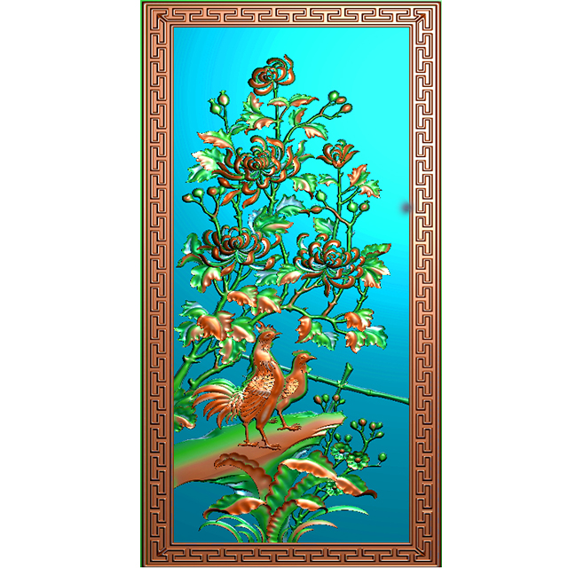 菊花公鸡带回纹边框小背板精雕图（CTBB-4151）展示