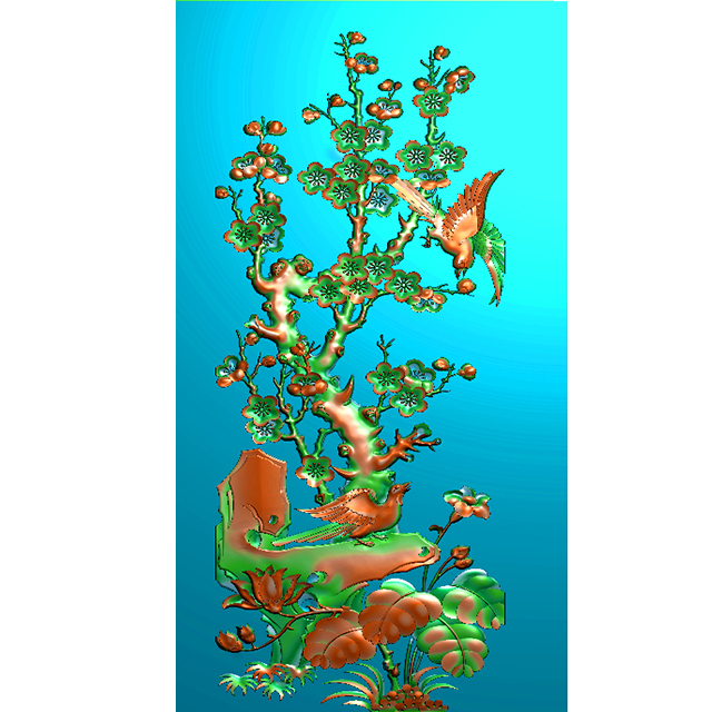 花鸟花草梅花石头床头背板精雕图（CTBB-4152）展示