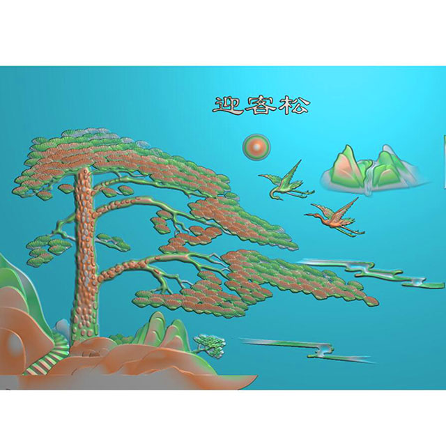 石材中式山水松鹤背景墙壁画精雕图（ZS-2）中式