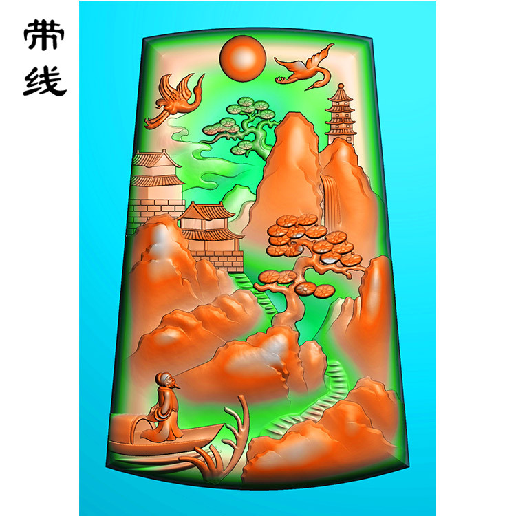 山水建筑人物松鹤挂件精雕图(SSG-041)展示