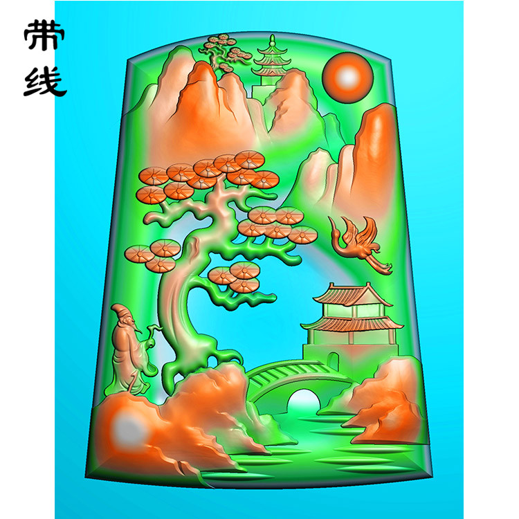 山水建筑人物松鹤挂件精雕图(SSG-042)展示