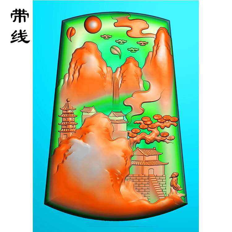山水人物建筑挂件精雕图(SSG-057)展示