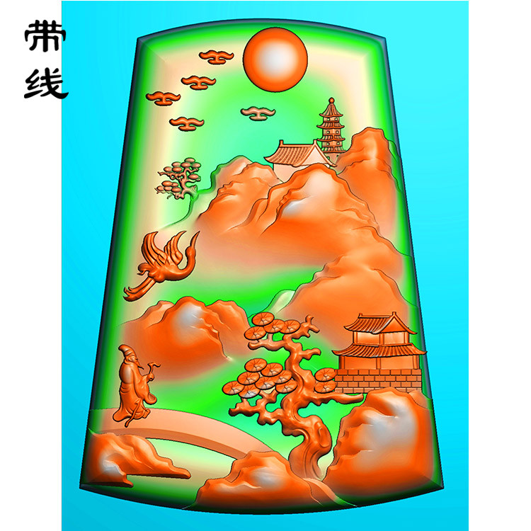 山水人物建筑松鹤挂件精雕图(SSG-065)展示