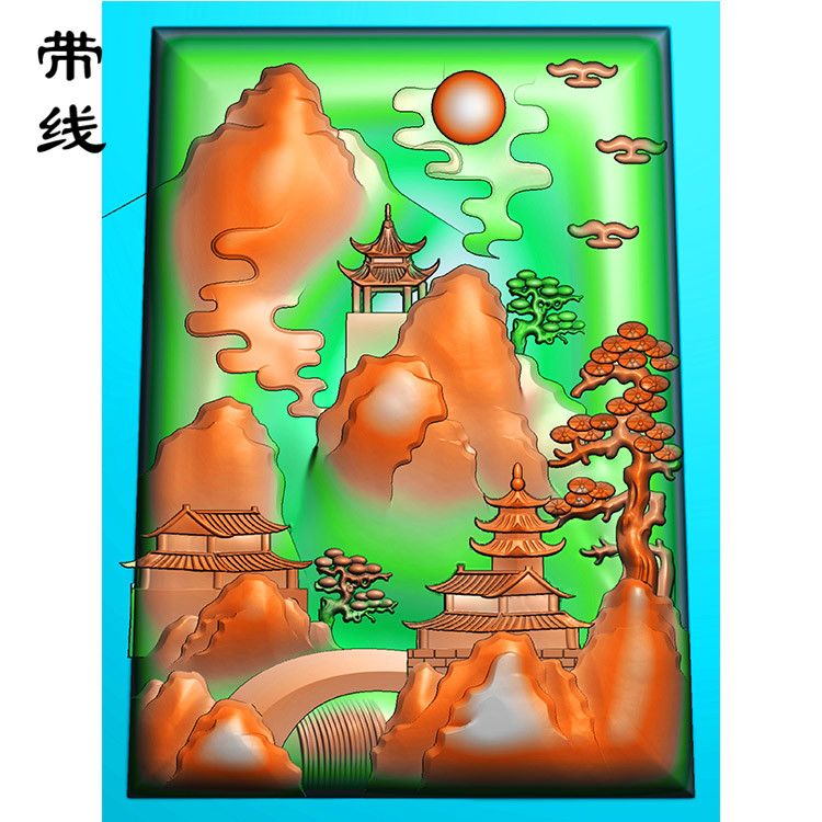山水建筑挂件精雕图(SSG-072)展示