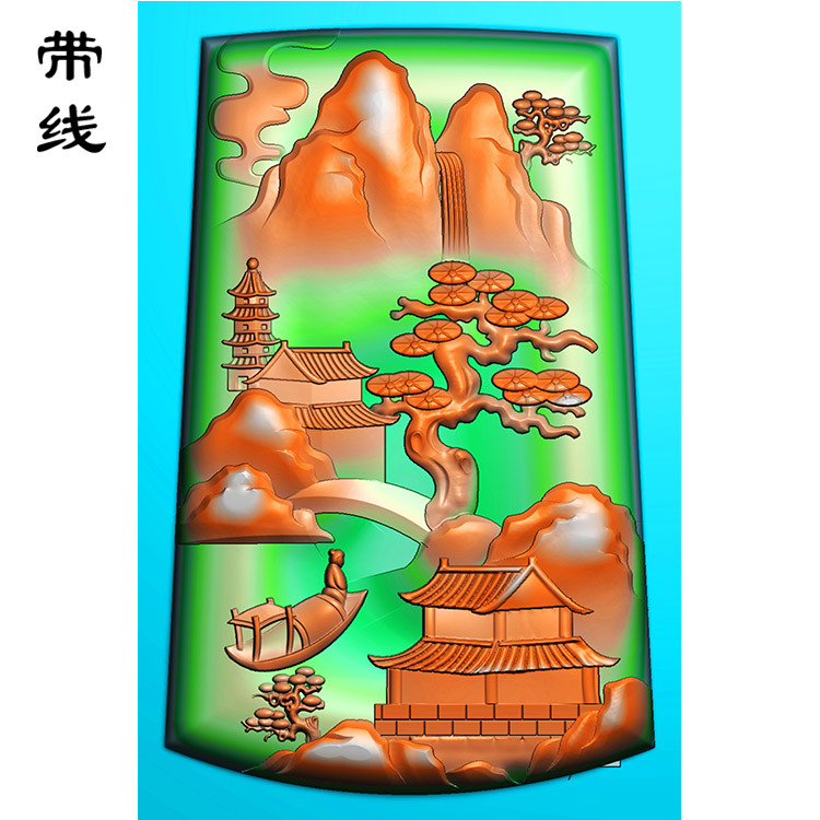 山水建筑挂件精雕图(SSG-074)展示