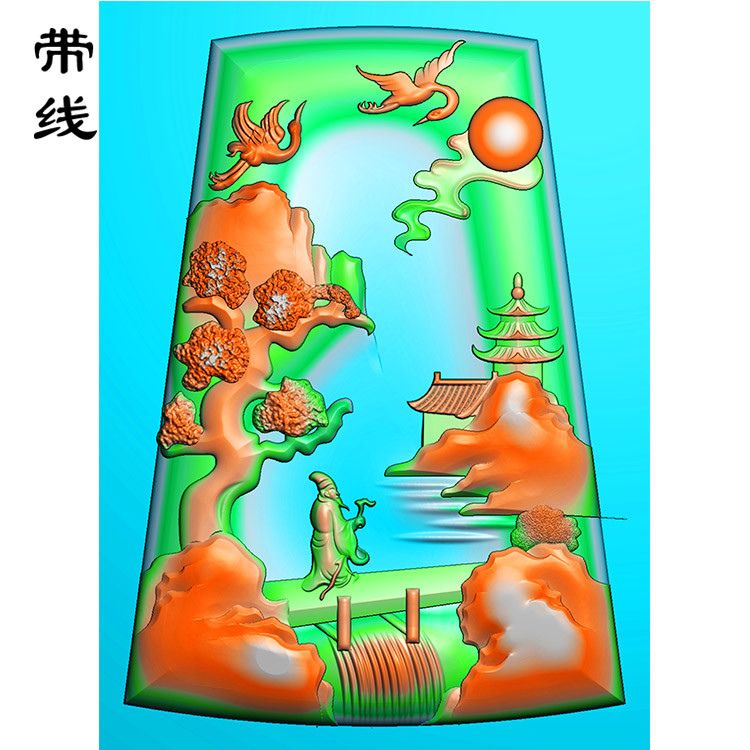 松鹤人物山水建筑挂件精雕图(SSG-077)展示