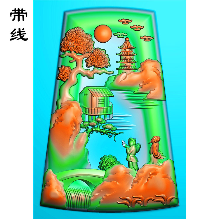 松鹤人物山水建筑挂件精雕图(SSG-078)展示