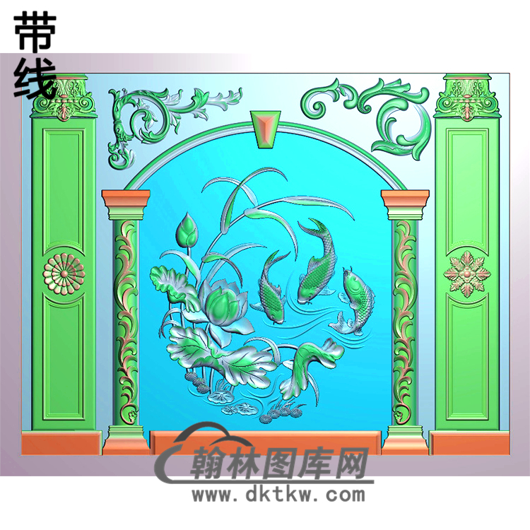 荷花鱼石雕整体背景墙精雕图(BJQ-062)展示