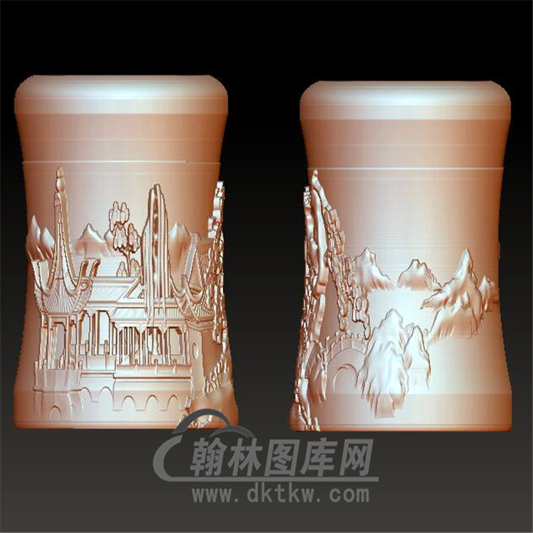 山水楼阁笔筒立体圆雕图(YBT-004)展示