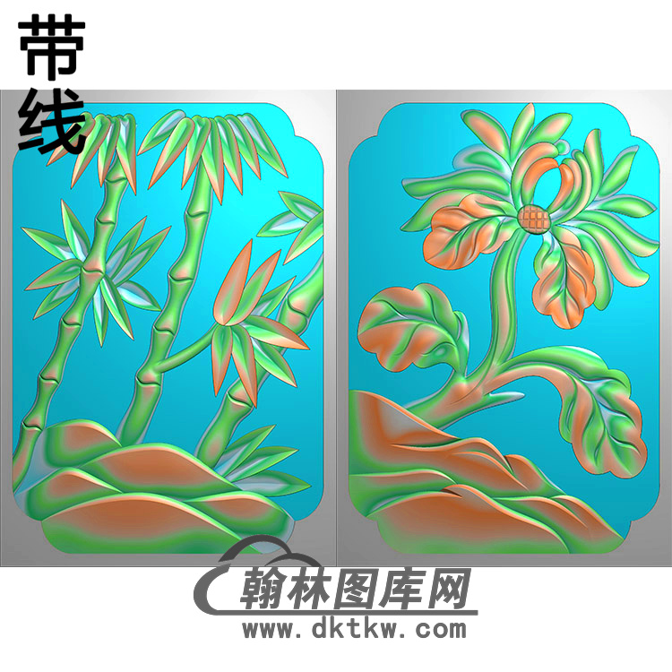 竹子 牡丹 500x680x10精雕图（ZZ-301）展示