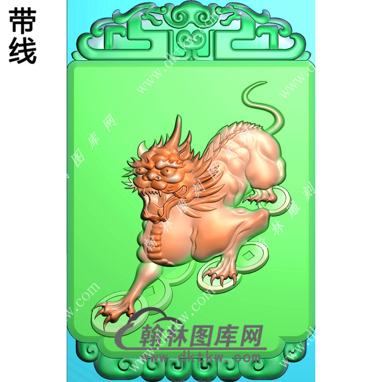 玉雕铜钱麒麟貔貅带线精雕图（PX-160)展示