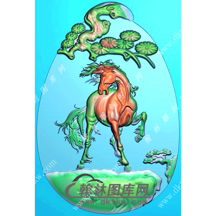 椭圆松树牌头生肖马挂件精雕图（GM-141)展示