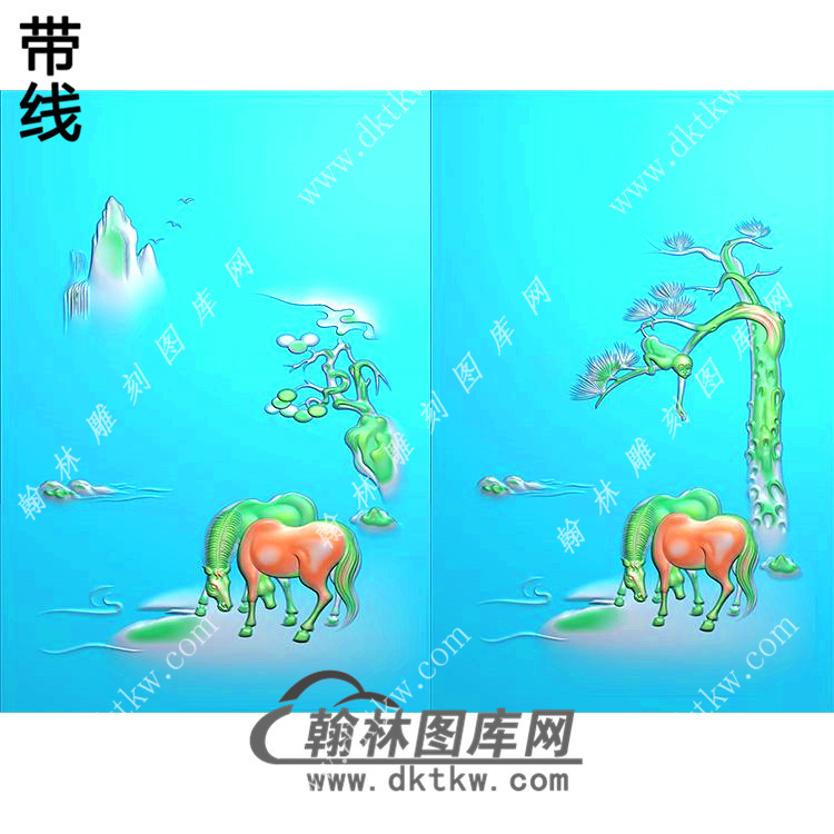 玉雕山水双马挂件带线精雕图（GM-189)展示