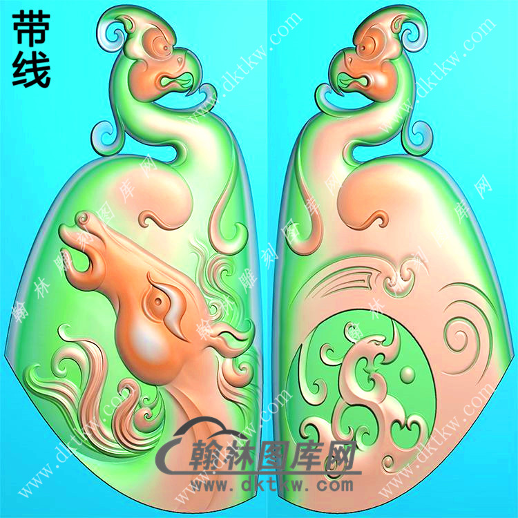 玉雕随形双面仿古龙凤马头挂件带线精雕图（GM-193)展示