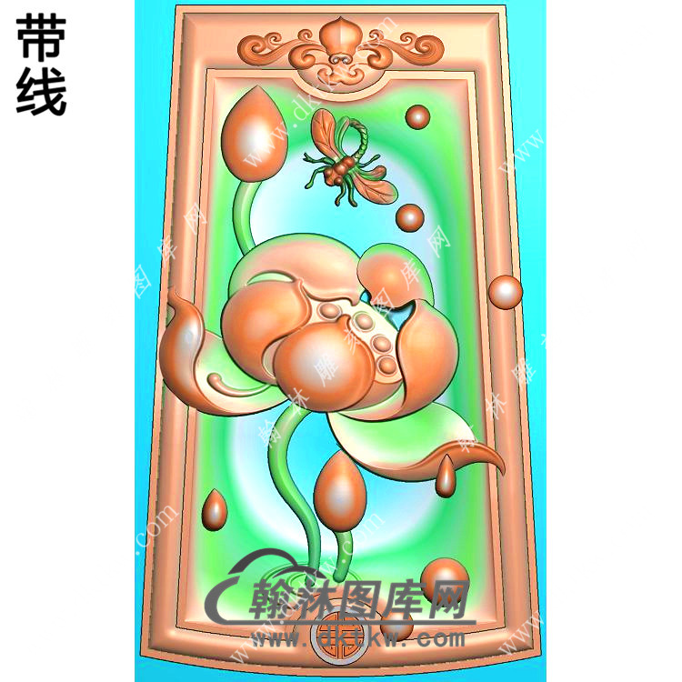 玉雕梯形凹底洋花牌头蜻蜓荷花莲花挂件带线精雕图（HLN-139)展示