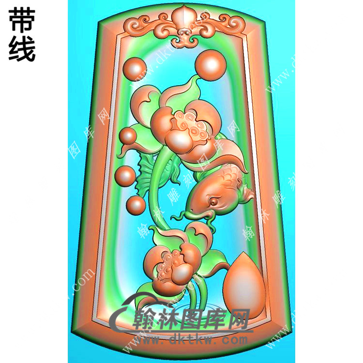 玉雕梯形凹底洋花牌头荷花鱼挂件带线精雕图（GJY-190)展示