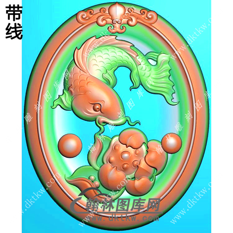 玉雕椭圆凹底洋花牌头莲花鱼挂件带线精雕图（GJY-179)展示