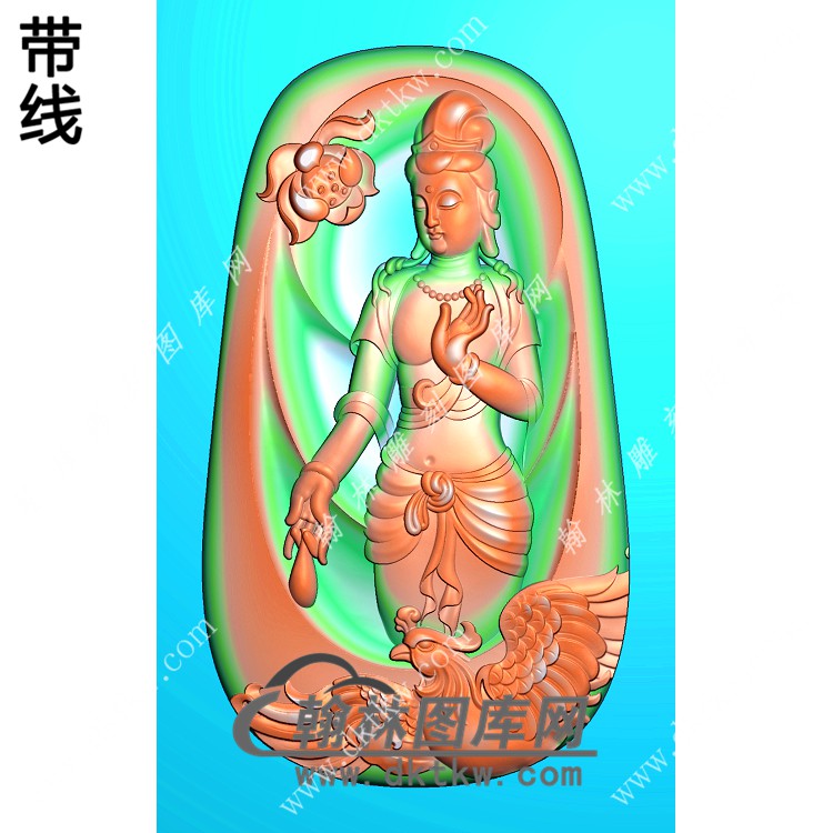 玉雕莲花凤凰站观音挂件带线精雕图（CGY-042)展示