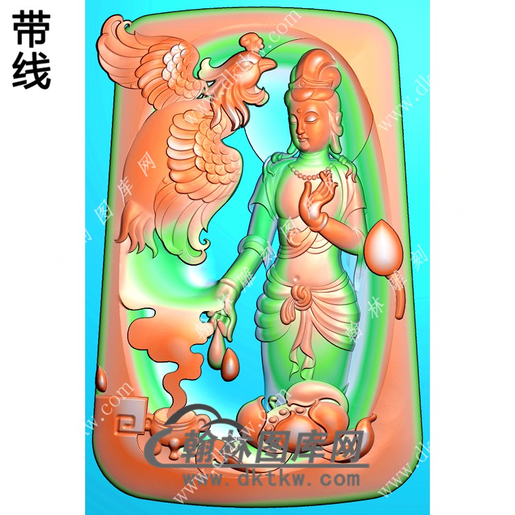 玉雕梯形凹底凤凰站立观音挂件带线精雕图（CGY-055)展示