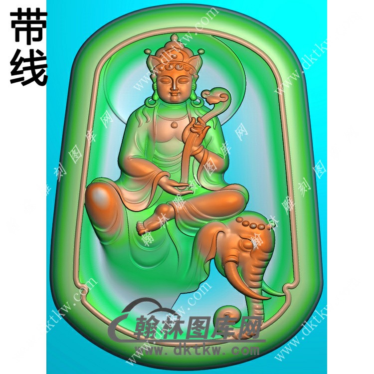 玉雕梯形凹底手持如意坐象普贤菩萨挂件带线精雕图（PXF-218)展示