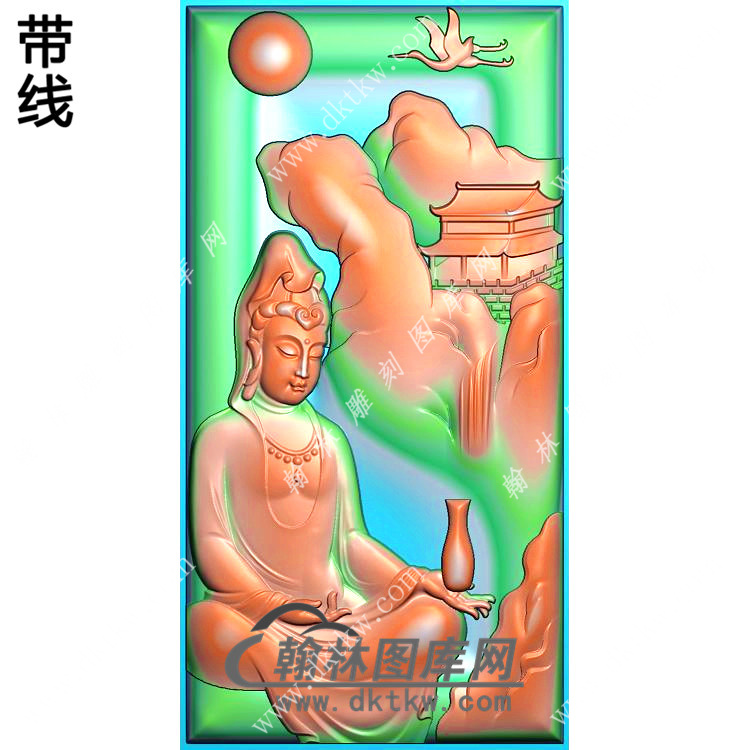 玉雕凹底手托净瓶侧坐山水观音挂件带线精雕图（SGY-195)展示