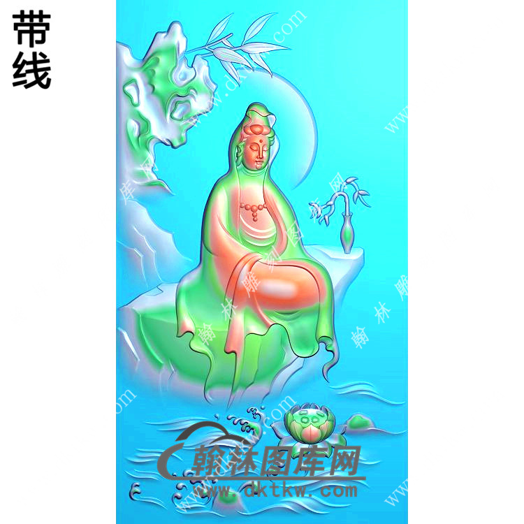 玉雕莲花净瓶浪花坐石山水观音挂件带线精雕图（SGY-245)展示