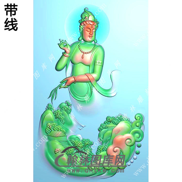 玉雕手持柳枝山水半身观音挂件带线精雕图（SGY-248)展示