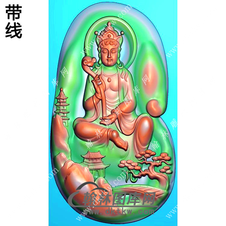 玉雕随形手持如意坐山水观音挂件带线精雕图（SGY-232)展示