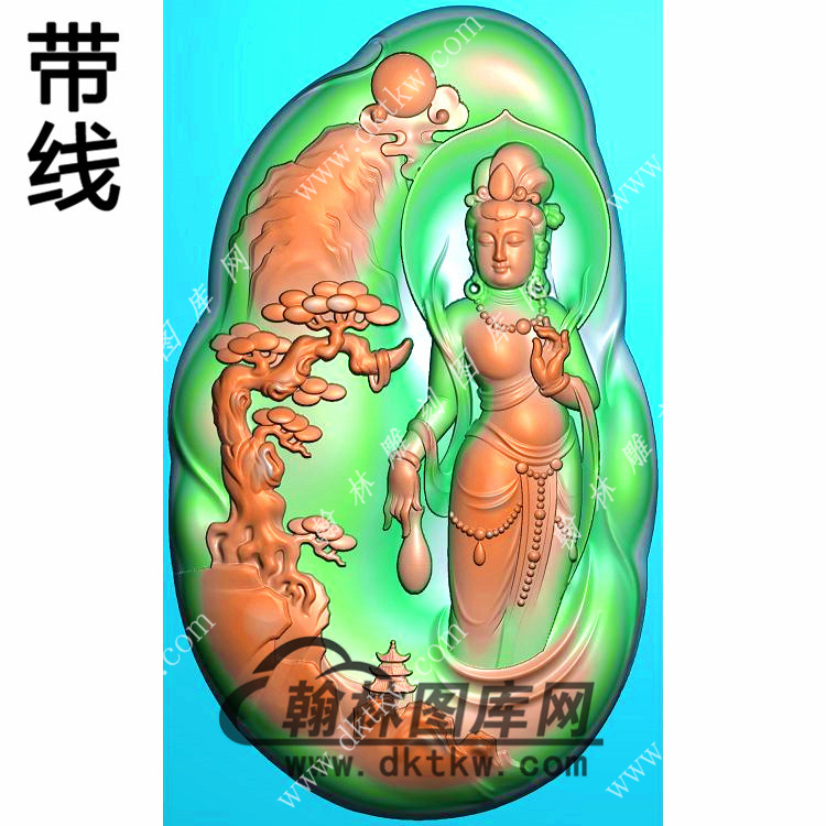 玉雕随形松树手托净瓶站立山水观音挂件带线精雕图（SGY-325)展示