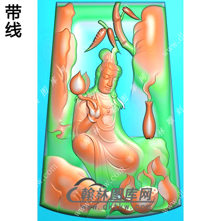 玉雕梯形凹底净瓶竹子手持莲花坐石山水观音挂件带线精雕图（SGY-199)展示