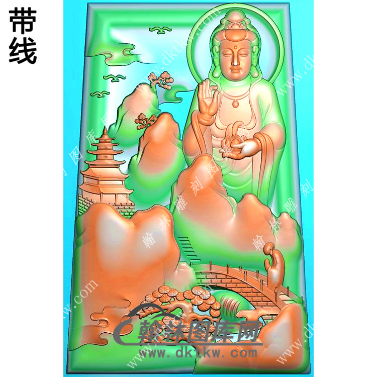 玉雕梯形凹底山水悟道站立半身观音挂件带线精雕图（SGY-203)展示