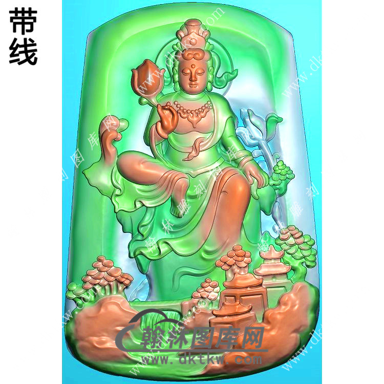 玉雕梯形凹底山水坐观音挂件带线精雕图（SGY-169)展示