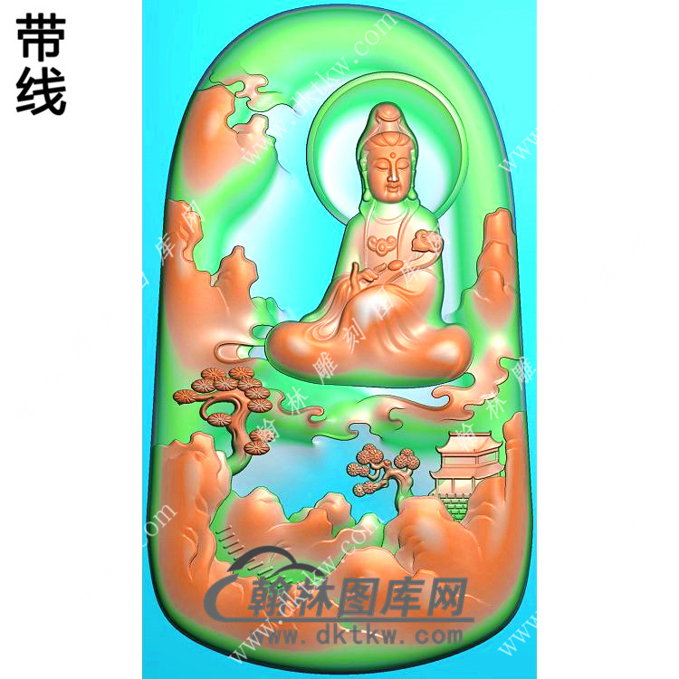 玉雕梯形凹底手持如意坐云山水观音挂件带线精雕图（SGY-209)展示