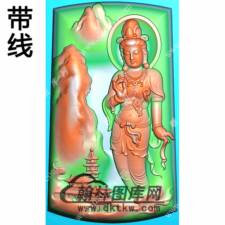 玉雕梯形山水站观音挂件带线精雕图（SGY-297)展示