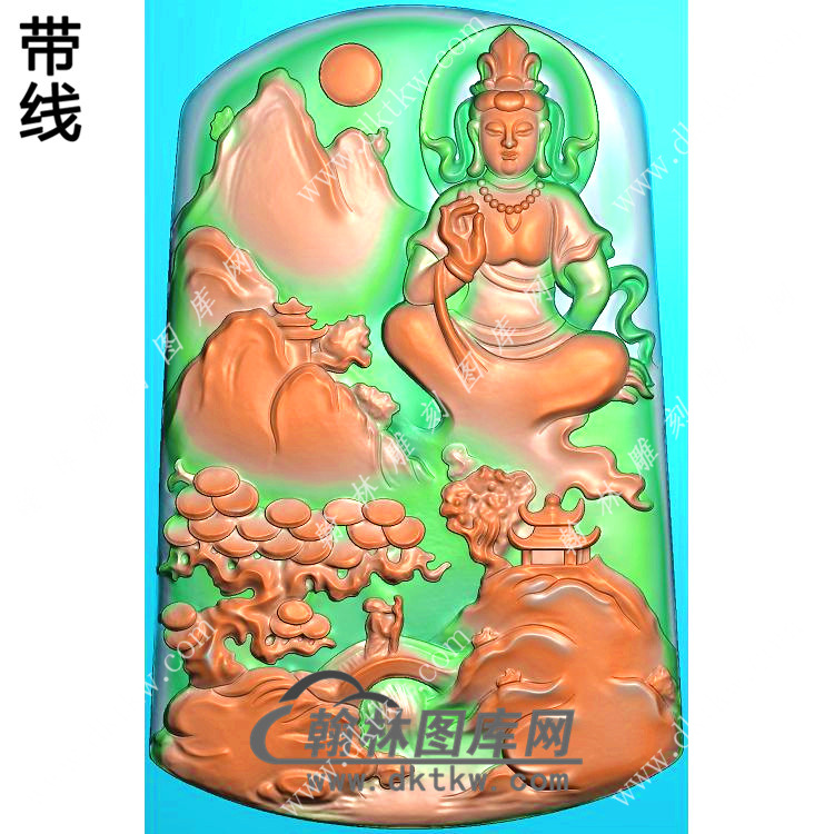 玉雕梯形山水坐观音挂件带线精雕图（SGY-175)展示