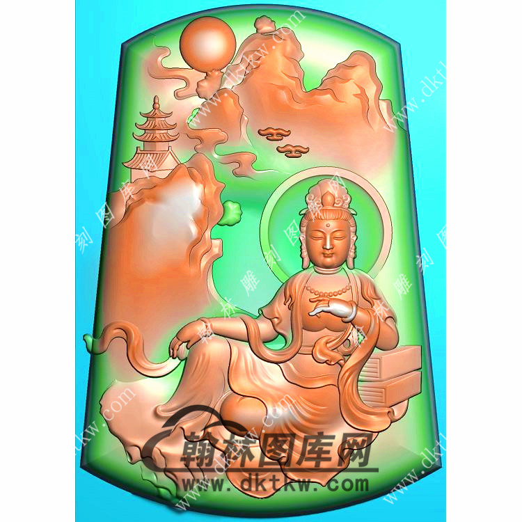 玉雕梯形山水坐观音挂件精雕图（SGY-296)展示