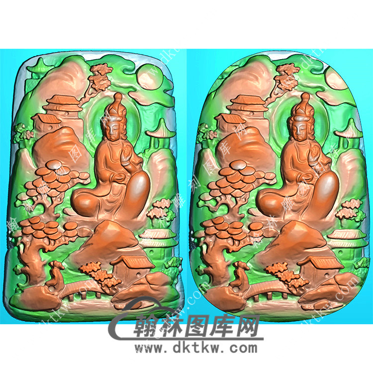 玉雕梯形椭圆山水自在坐观音挂件精雕图（SGY-223)展示