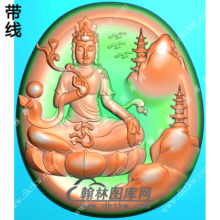 玉雕椭圆凹底手持莲花山水坐莲观音挂件带线精雕图（SGY-170)展示